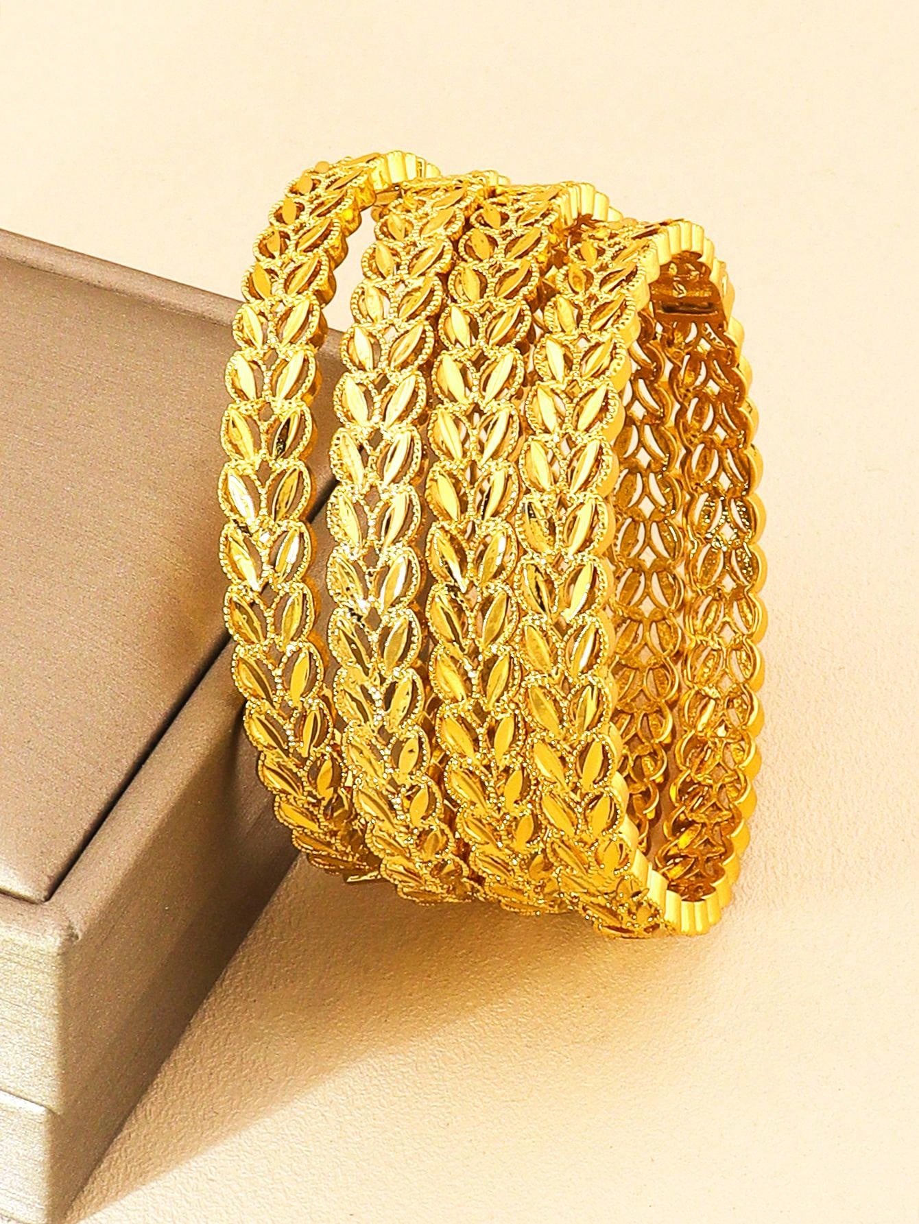 1/2/4pcs Luxury Rice Seedling Leaf Design Gold Bangle Dubai Women's Bracelet Jewelry African Jewelry Bride Wedding Party Gift - Seen Mai