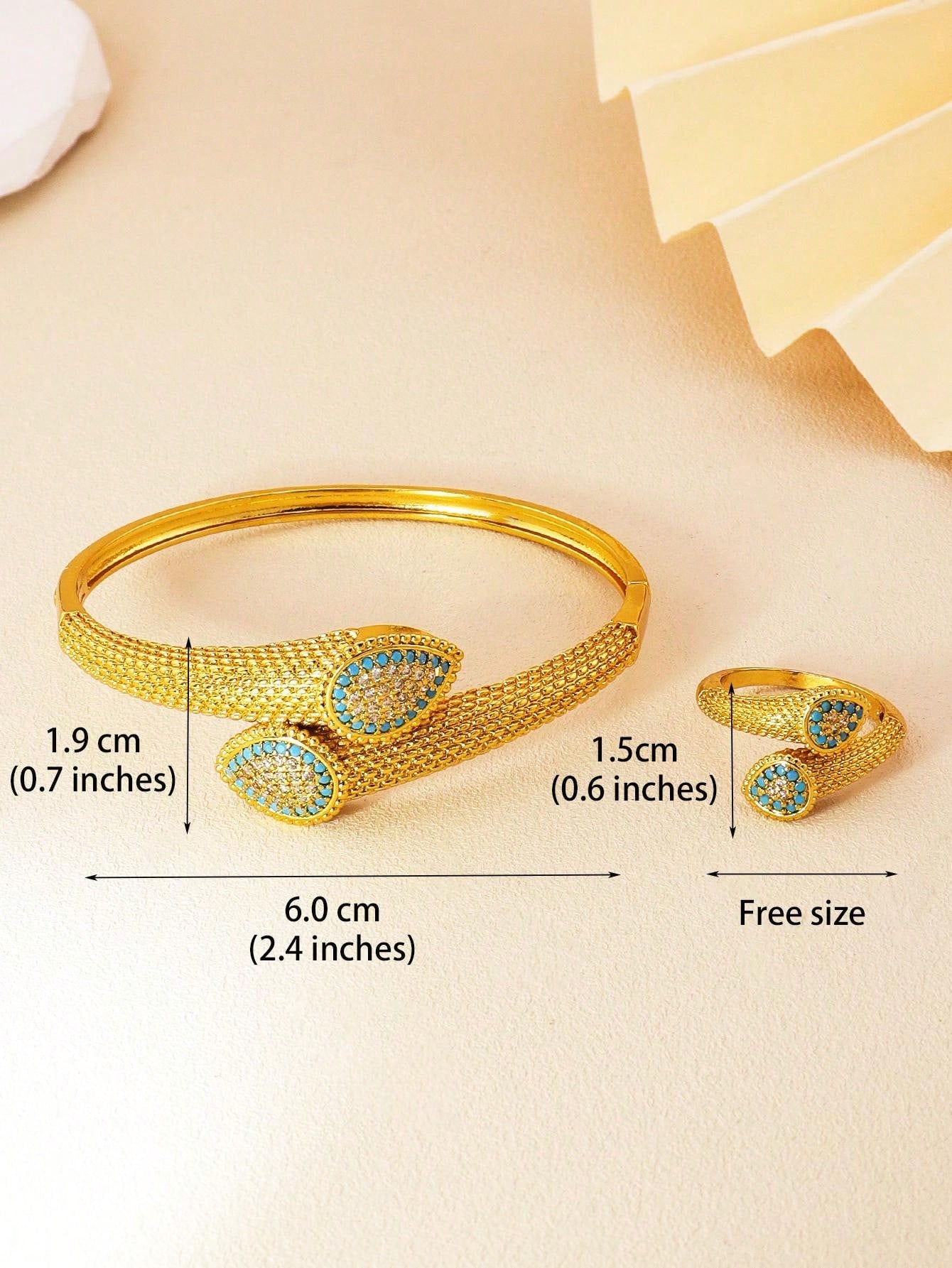 2pcs/Set Simple Delicate Drop Design Bangle Ring Cubic Zirconia Leaf Decoration Can Open Gold Jewelry Set Suitable For Women's Daily Gift