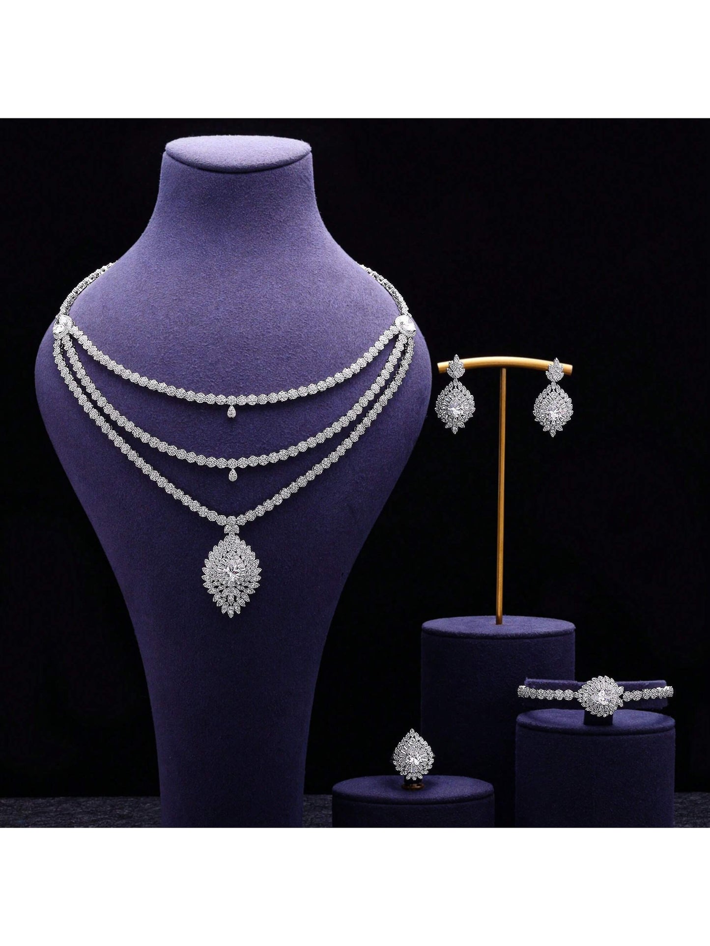 Bridal Zirconia For Dubai Necklace Bracelet Earringa Rings Crystal Wedding Jewelry Sets - Seen Mai