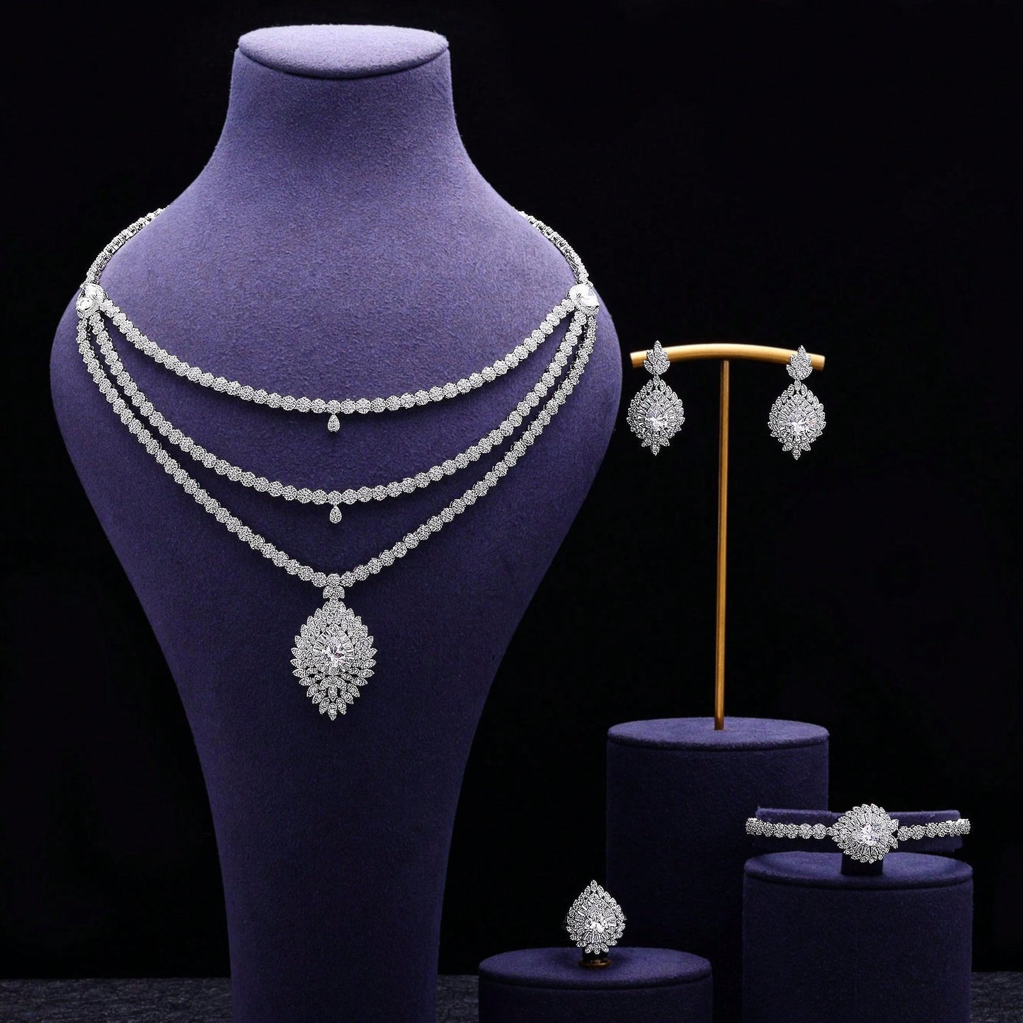 Bridal Zirconia For Dubai Necklace Bracelet Earringa Rings Crystal Wedding Jewelry Sets - Seen Mai