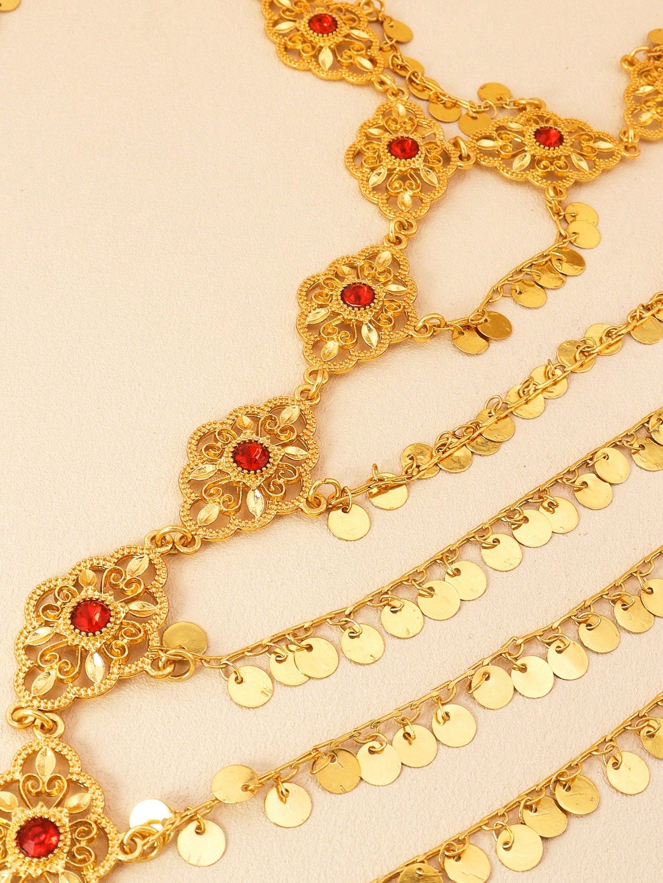 1 Fashion Elegant Headband Gold Circle Piece Tassel Hair Chain Hair  Hollowed Out Flowers Red Gem Decorative Headdress Suitable For Ladies Party Festival Wear - Seen Mai