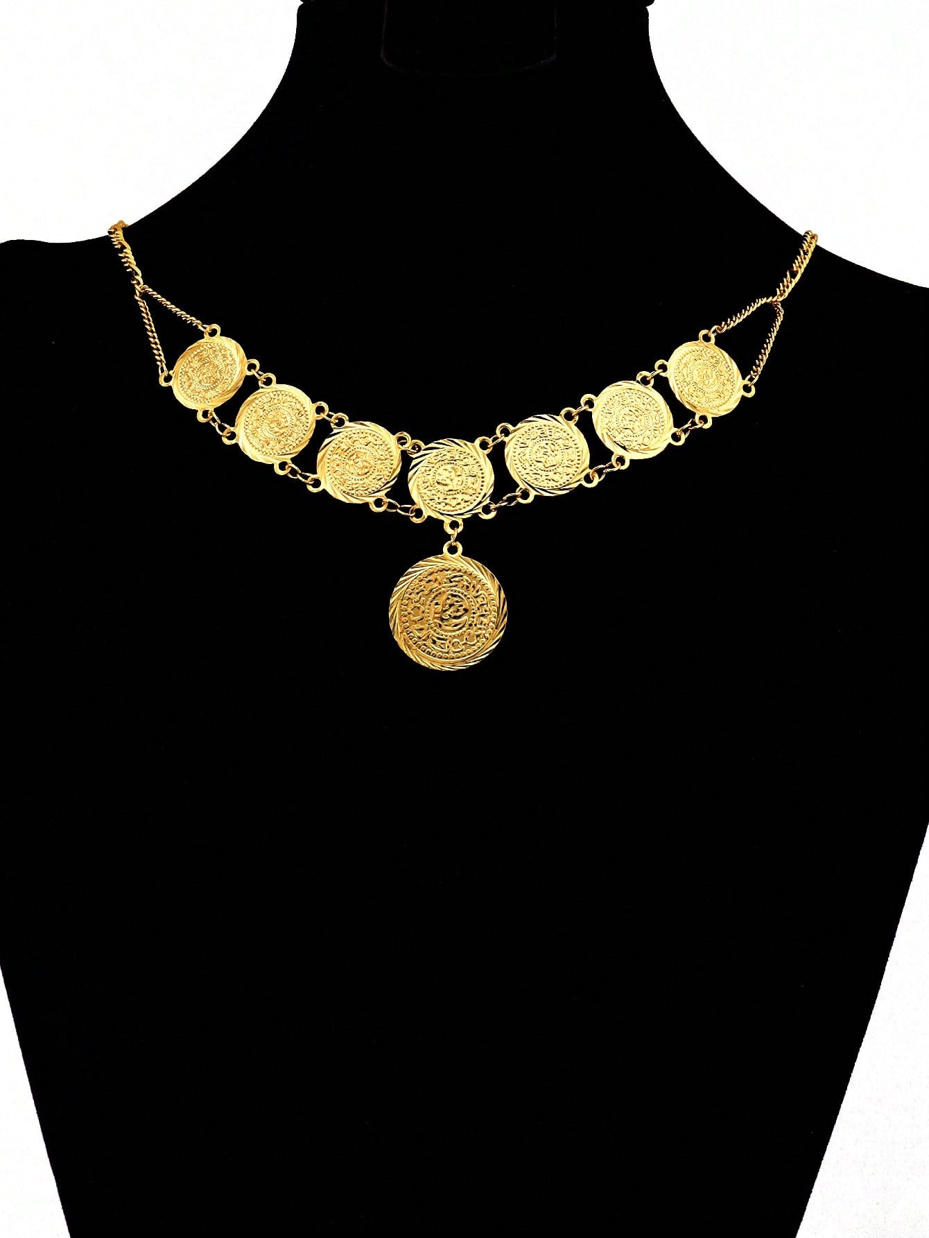 1pc Vintage Gold Textured Coin Necklace Round Pendant Necklace Copper Jewelry Suitable For Ladies Everyday Party Banquet Bride Wedding - Seen Mai