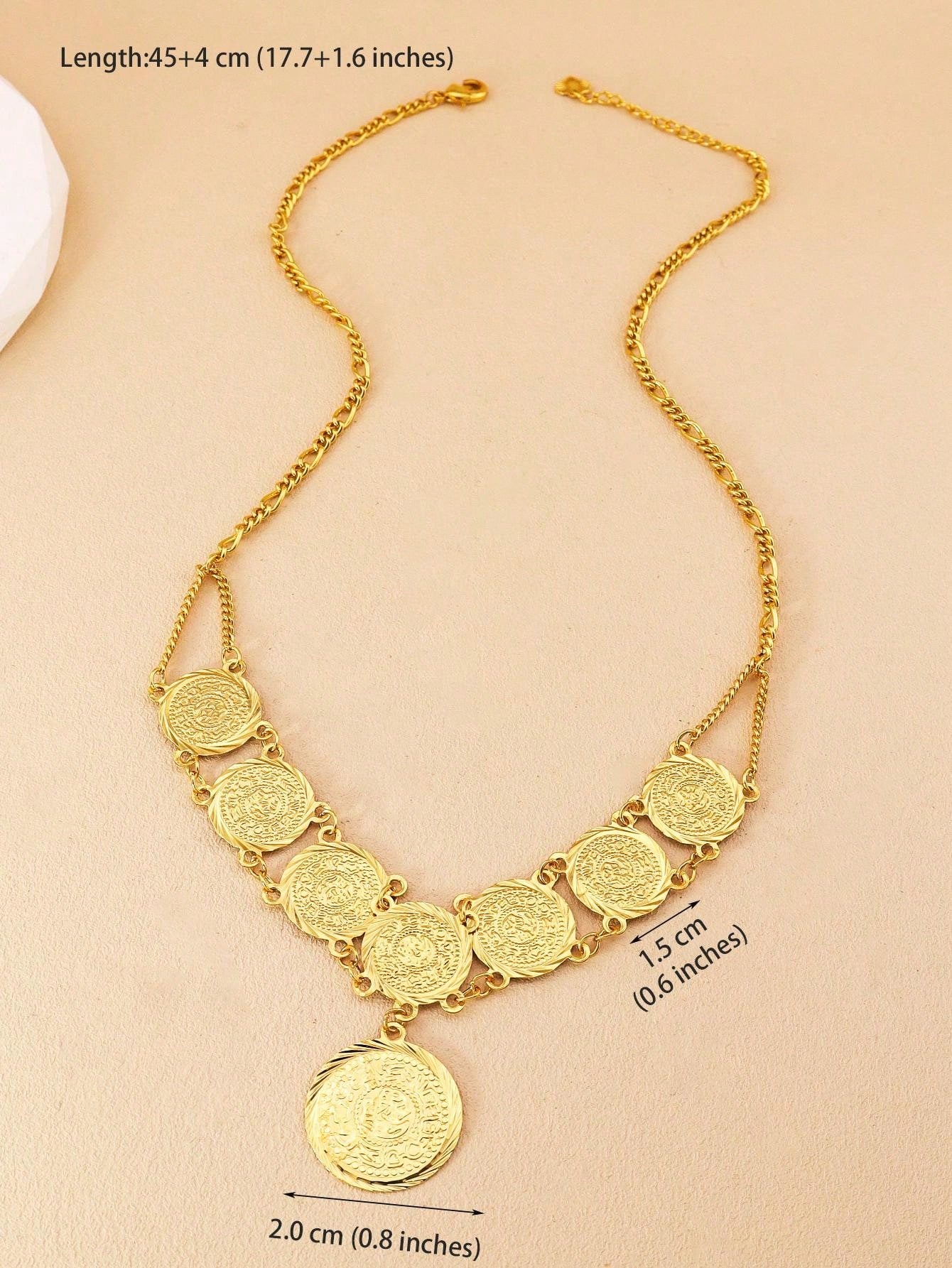 1pc Vintage Gold Textured Coin Necklace Round Pendant Necklace Copper Jewelry Suitable For Ladies Everyday Party Banquet Bride Wedding - Seen Mai