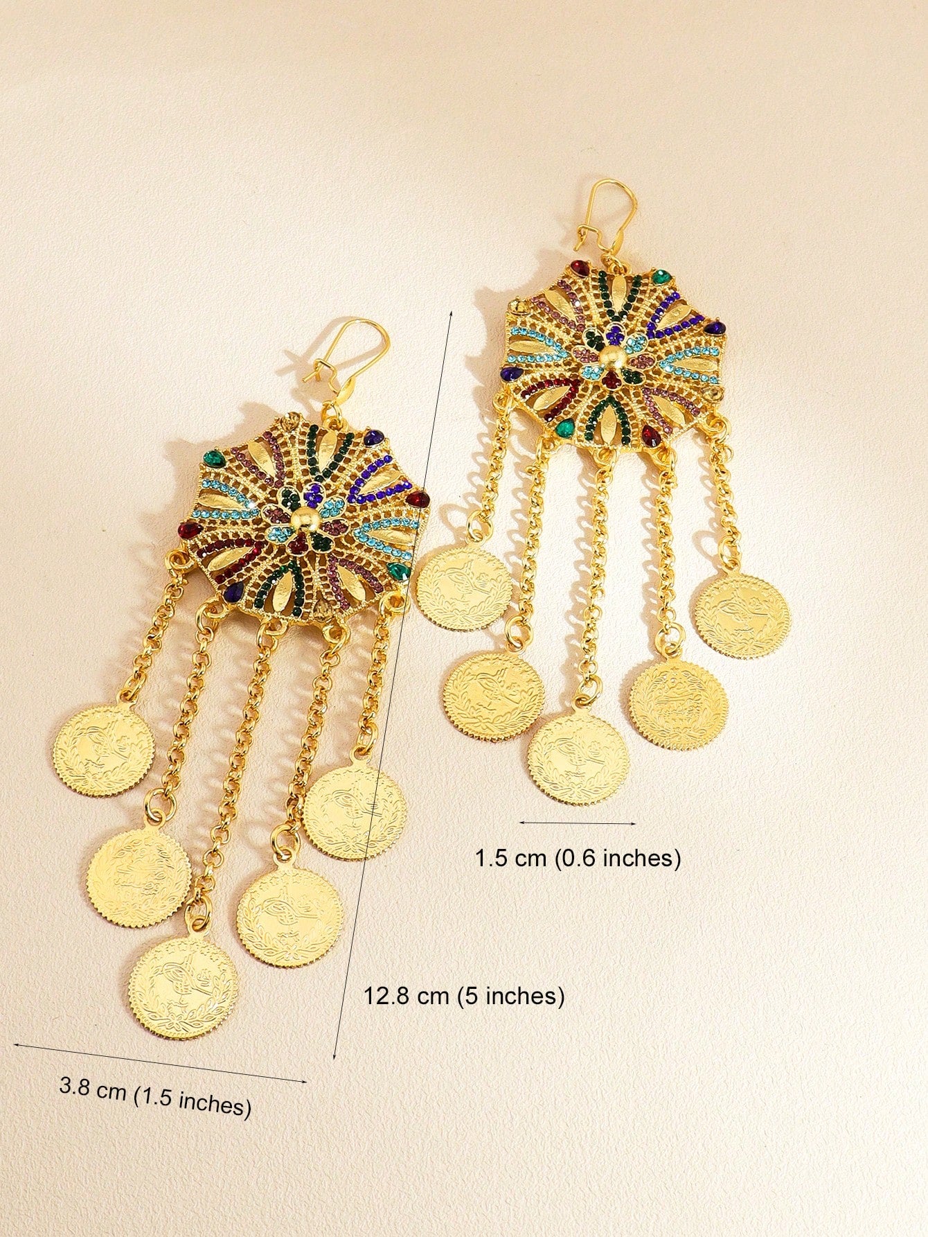 1 Pair Gorgeous Colored Rhinestone Earrings Gold Coin Tassel Long Earrings Suitable For Girls Women Festival Date Wear - Seen Mai