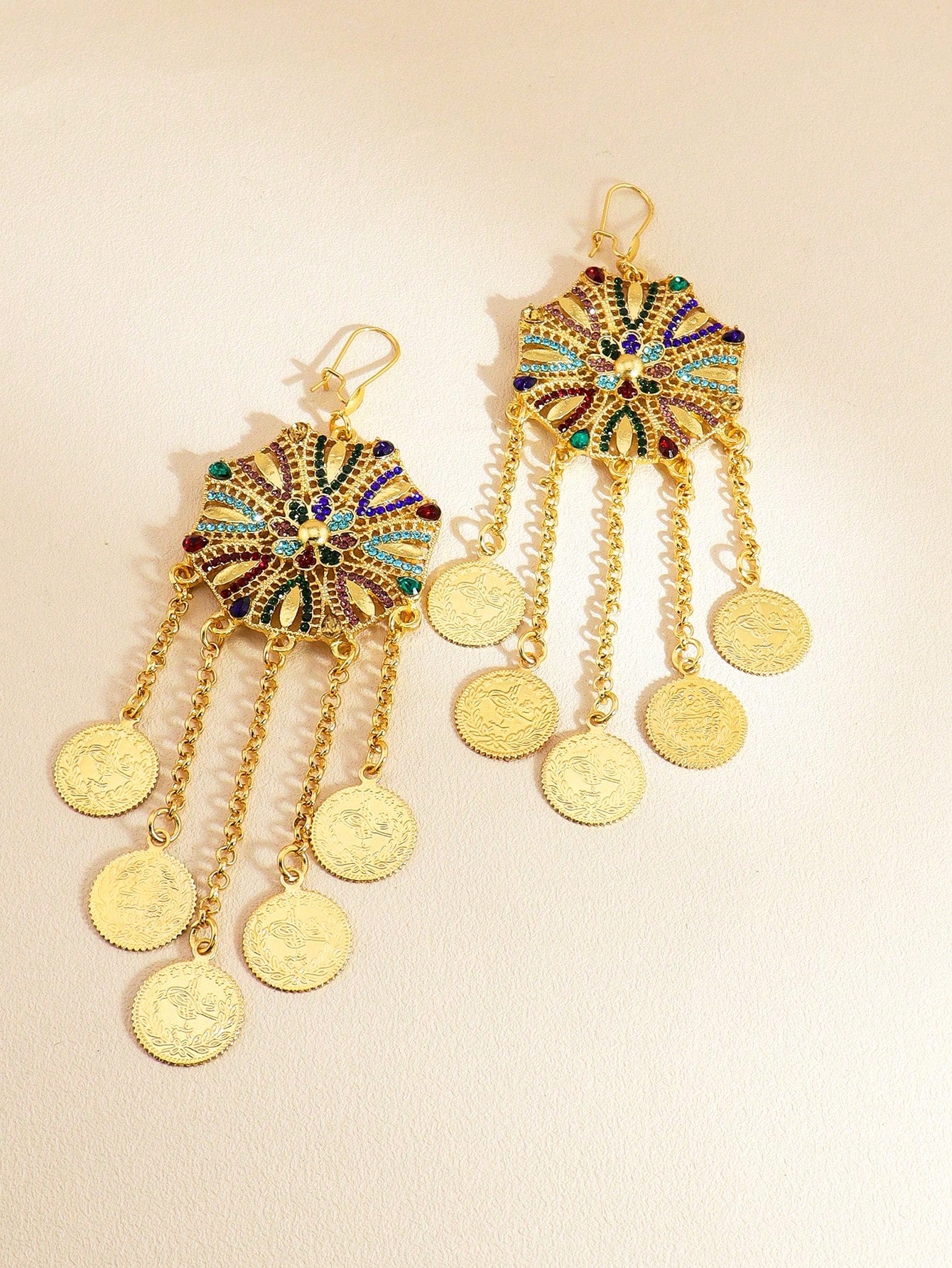 1 Pair Gorgeous Colored Rhinestone Earrings Gold Coin Tassel Long Earrings Suitable For Girls Women Festival Date Wear - Seen Mai