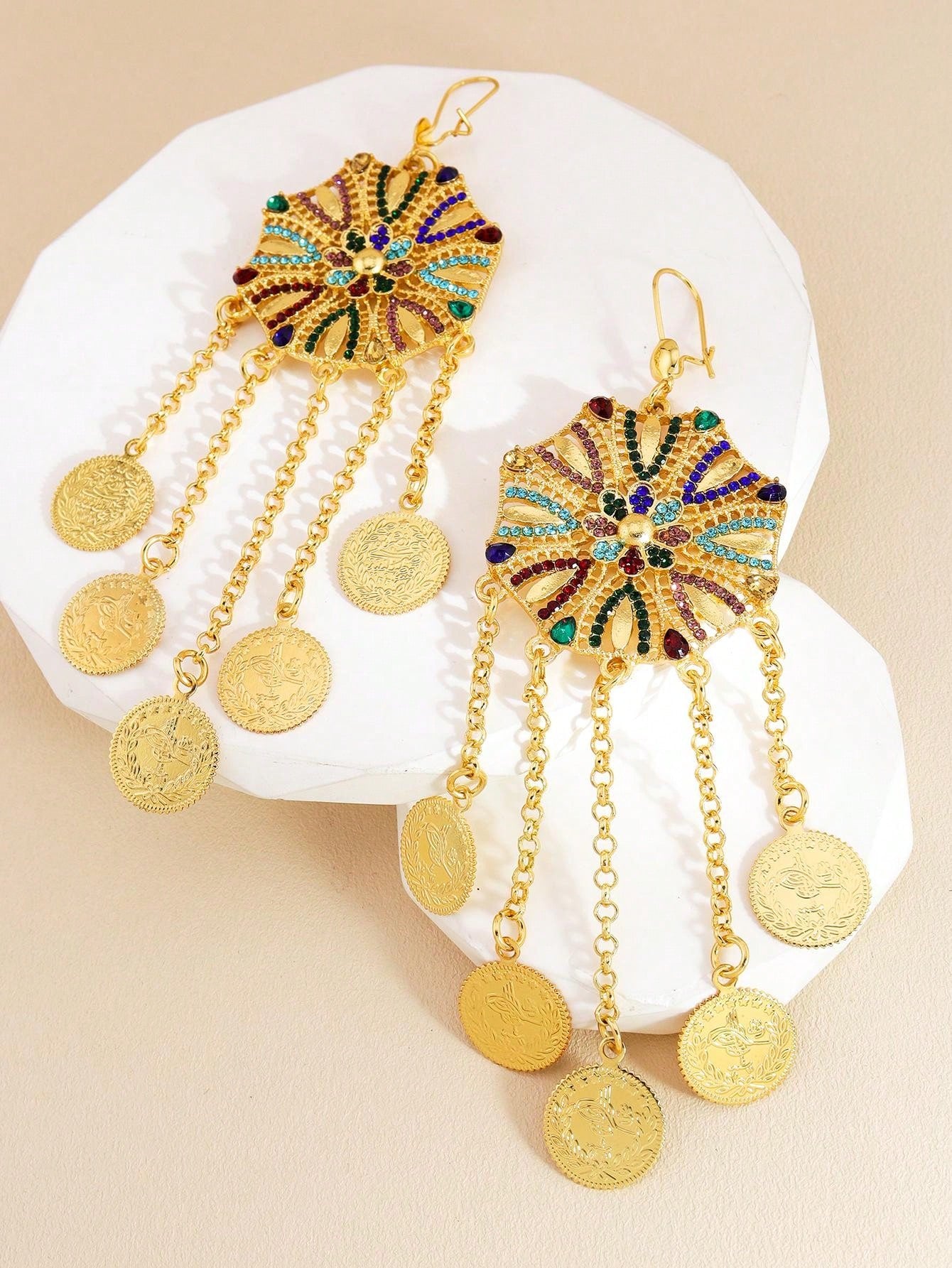 1 Pair Gorgeous Colored Rhinestone Earrings Gold Coin Tassel Long Earrings Suitable For Girls Women Festival Date Wear - Seen Mai