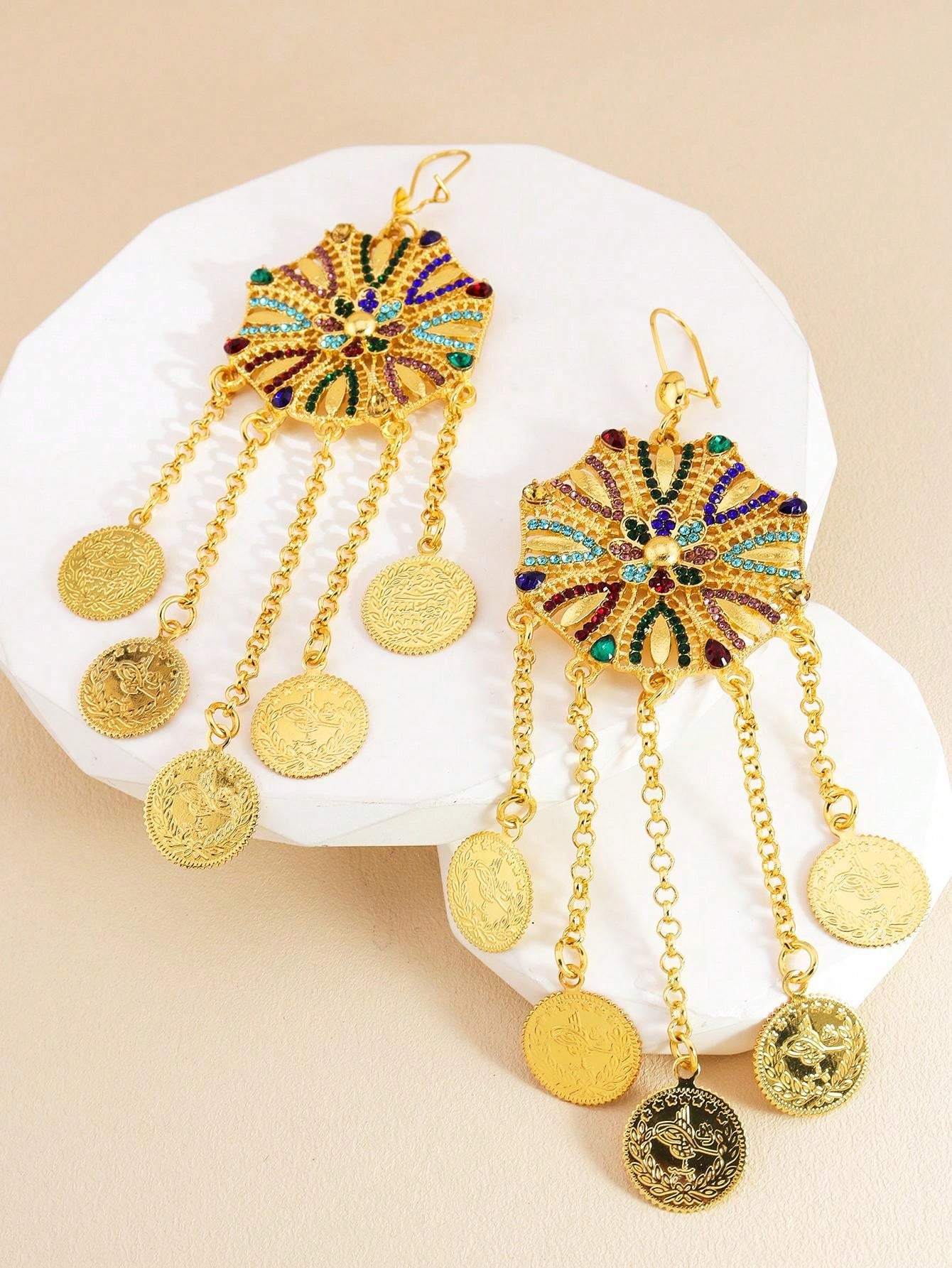 1 Pair Gorgeous Colored Rhinestone Earrings Gold Coin Tassel Long Earrings Suitable For Girls Women Festival Date Wear - Seen Mai