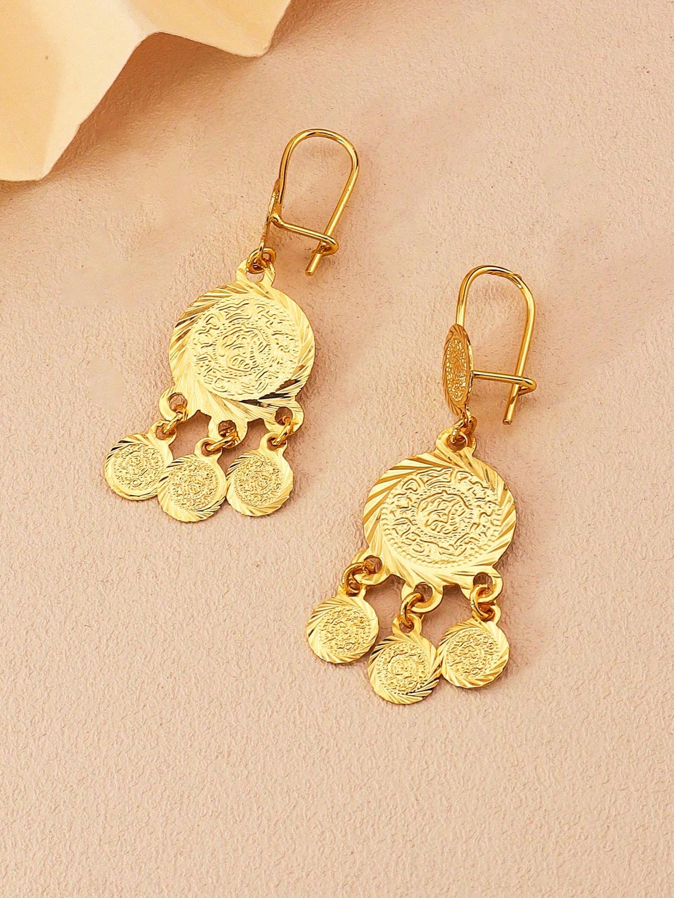 1pc Gold Antique Coin Tassel Earrings Round Grain Earrings Copper Jewelry Suitable For Women's Daily Party Banquets - Seen Mai