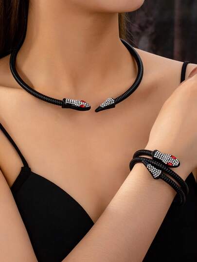 1pc Snake Coil Rhinestone Elastic Choker Necklace And 1pc Snake Bangle Bracelet - Seen Mai