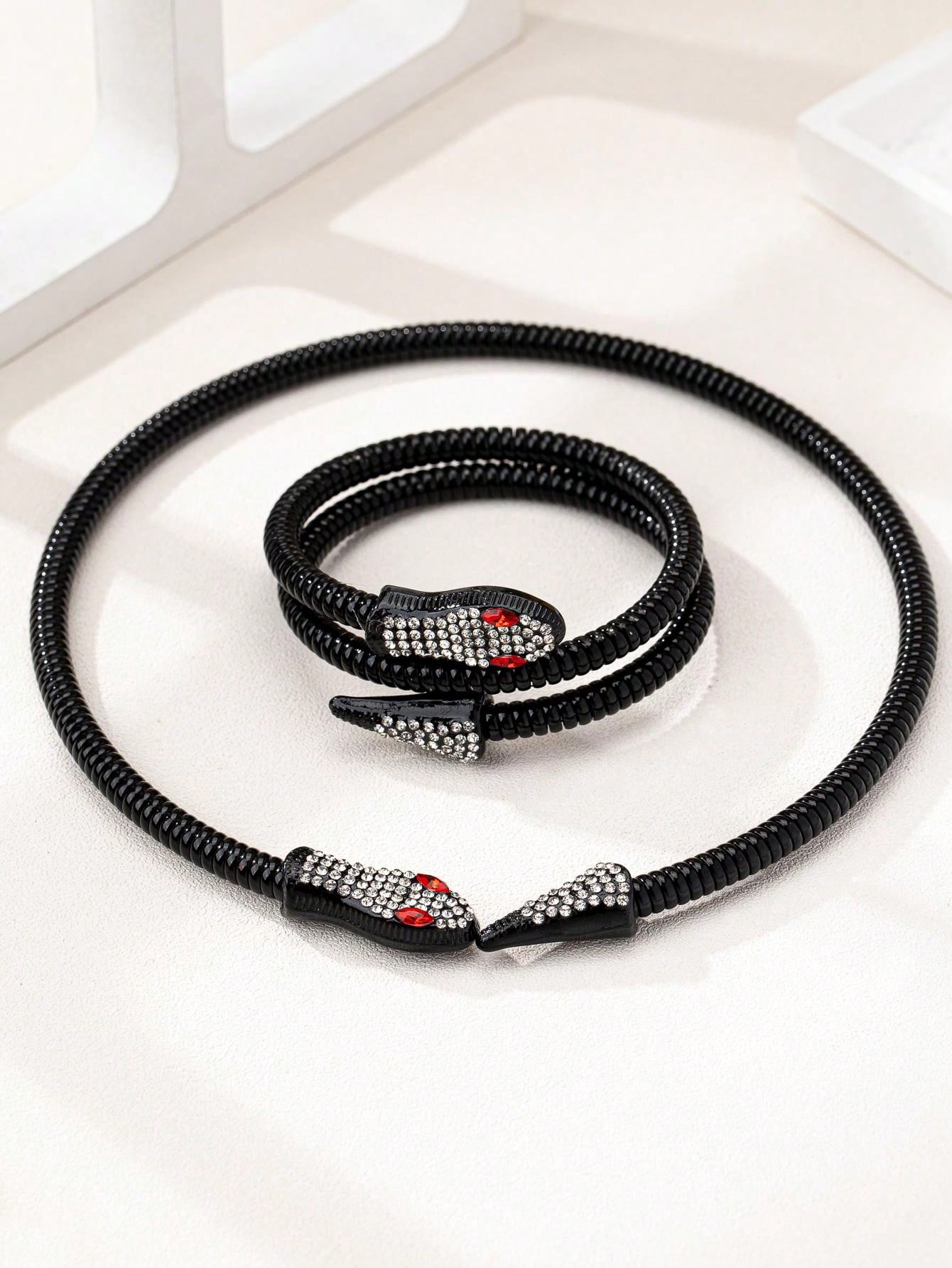 1pc Snake Coil Rhinestone Elastic Choker Necklace And 1pc Snake Bangle Bracelet - Seen Mai