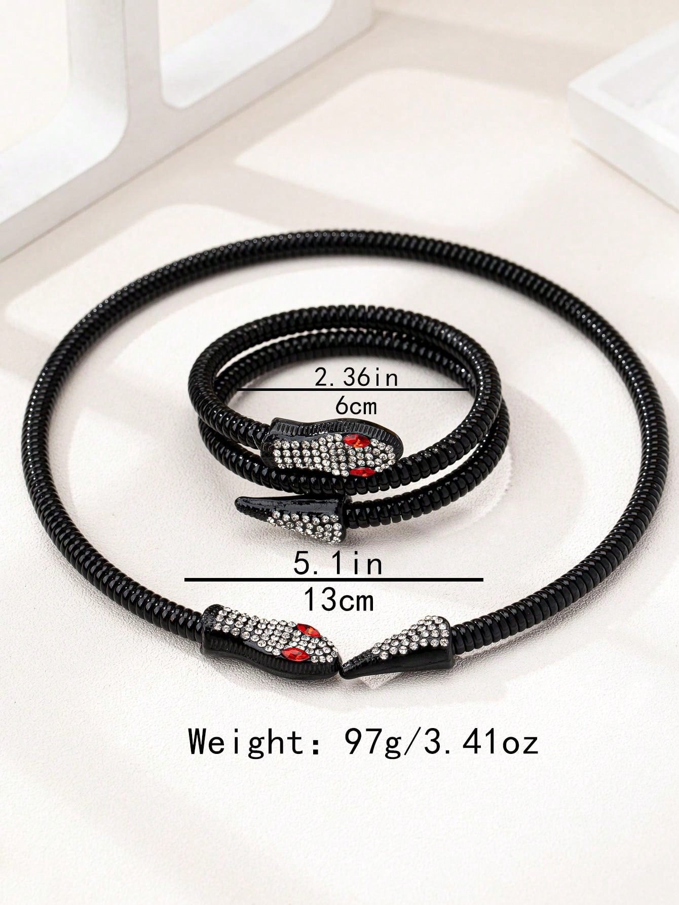 1pc Snake Coil Rhinestone Elastic Choker Necklace And 1pc Snake Bangle Bracelet - Seen Mai