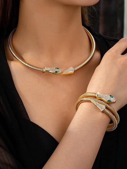 1pc Snake Coil Rhinestone Elastic Choker Necklace And 1pc Snake Bangle Bracelet - Seen Mai