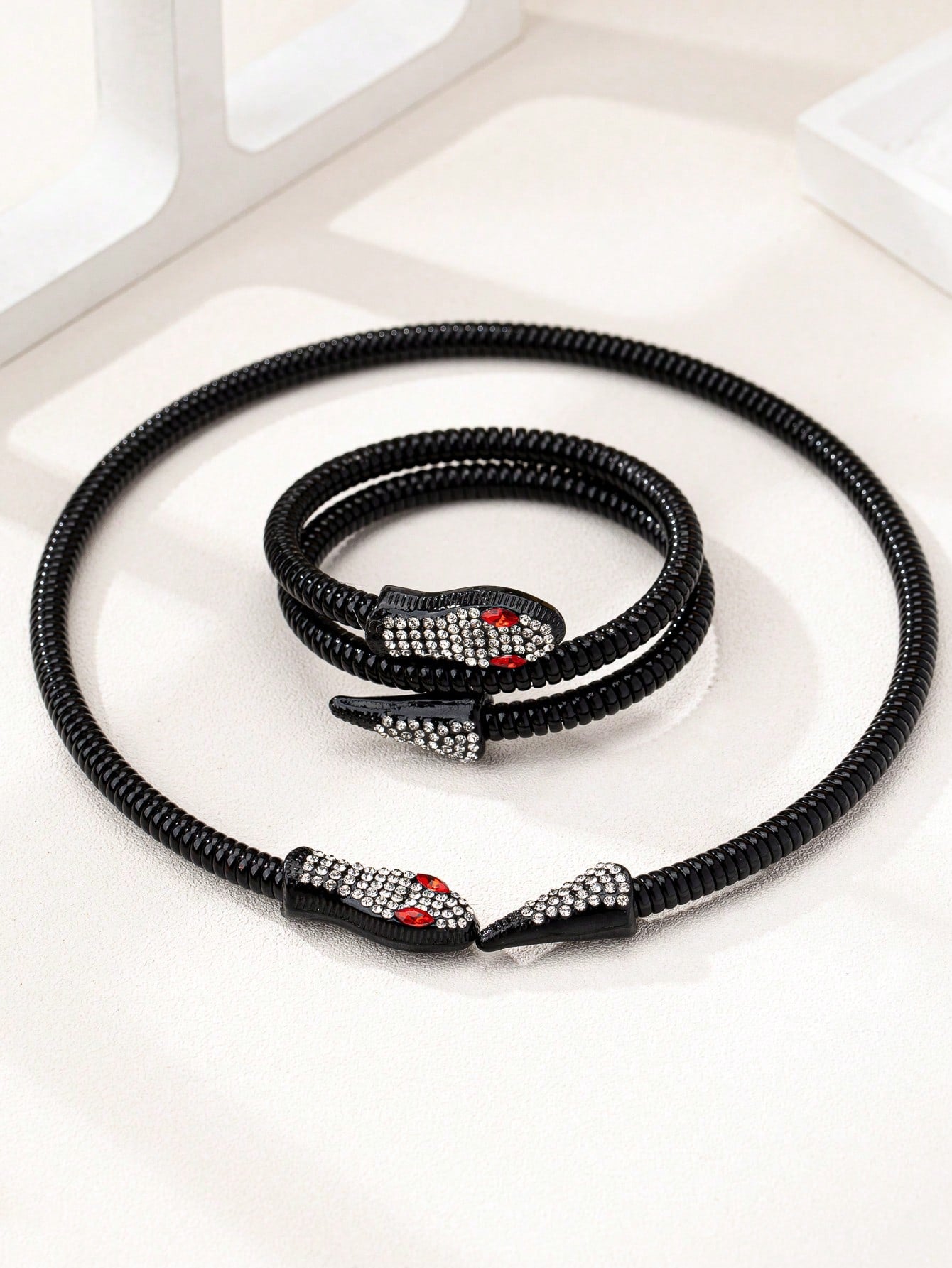 1pc Snake Coil Rhinestone Elastic Choker Necklace And 1pc Snake Bangle Bracelet - Seen Mai