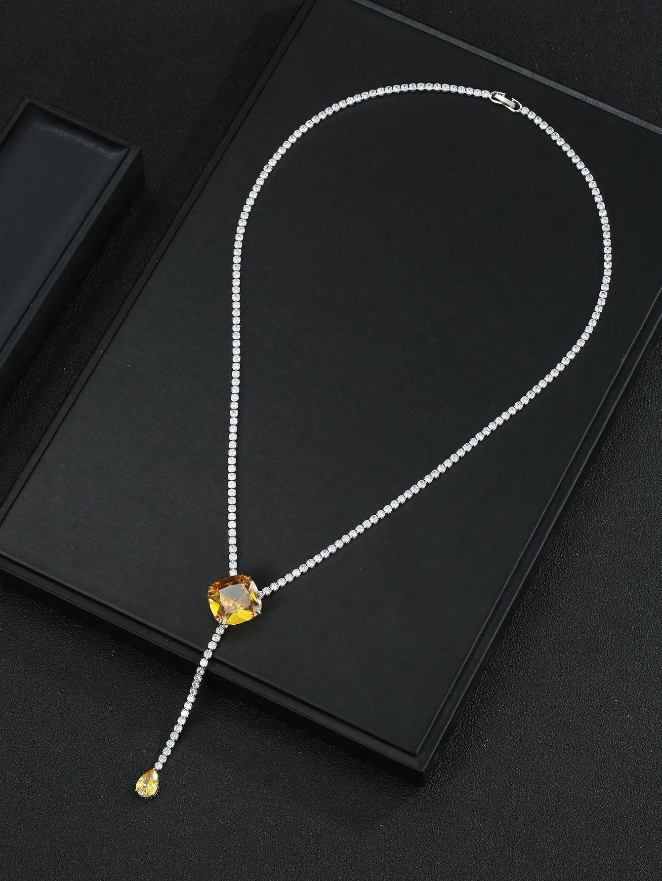 1pc Fashionable Yellow Zirconia Stone Long Y-Necklace