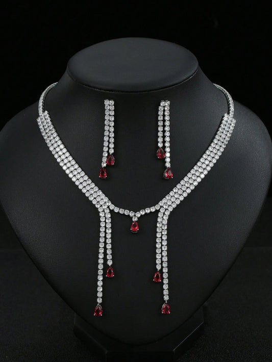 1set/3pcs Luxury Zirconia Necklace Earring Suit