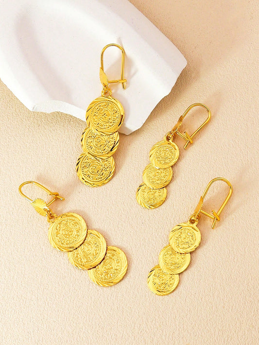 1pair Simple 3 Layer Coin Earrings Gold Round Pendant Heart Earrings Copper Jewelry Suitable For Women's Daily Wear - Seen Mai