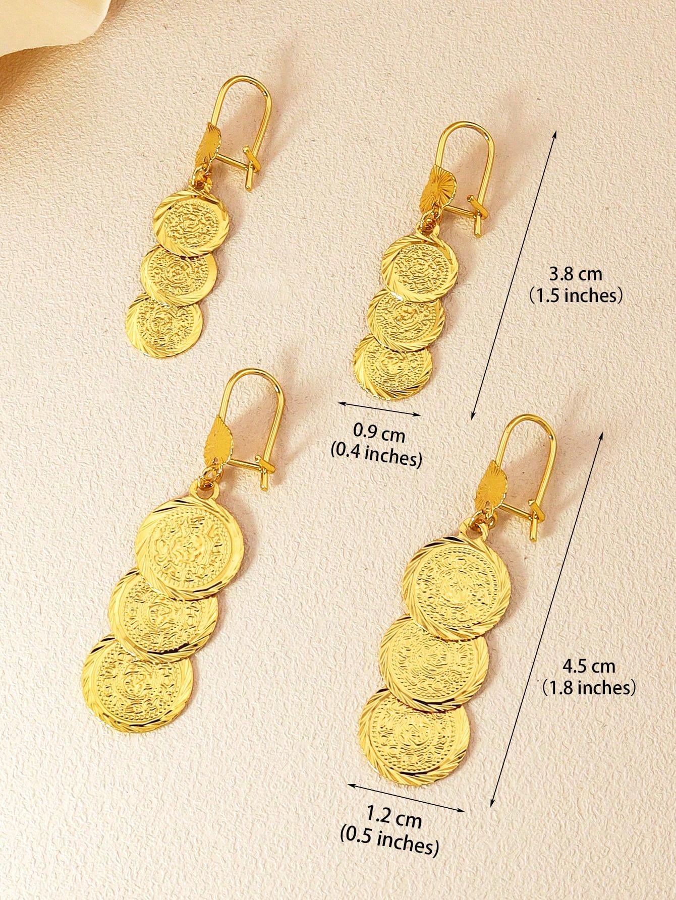 1pair Simple 3 Layer Coin Earrings Gold Round Pendant Heart Earrings Copper Jewelry Suitable For Women's Daily Wear - Seen Mai