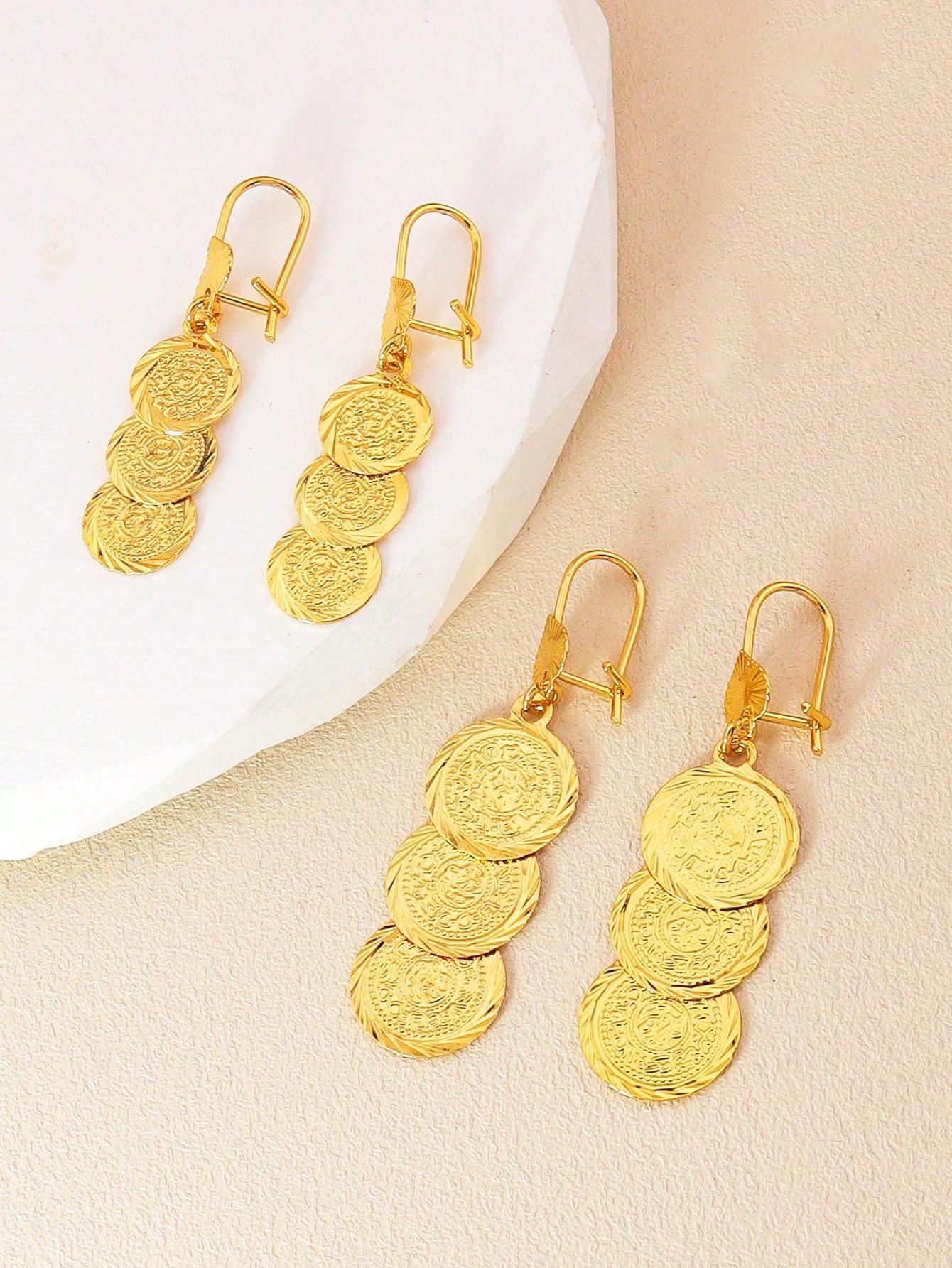 1pair Simple 3 Layer Coin Earrings Gold Round Pendant Heart Earrings Copper Jewelry Suitable For Women's Daily Wear - Seen Mai