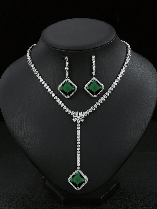 1set/3pcs Elegant Green Zirconia Necklace Earrings Set