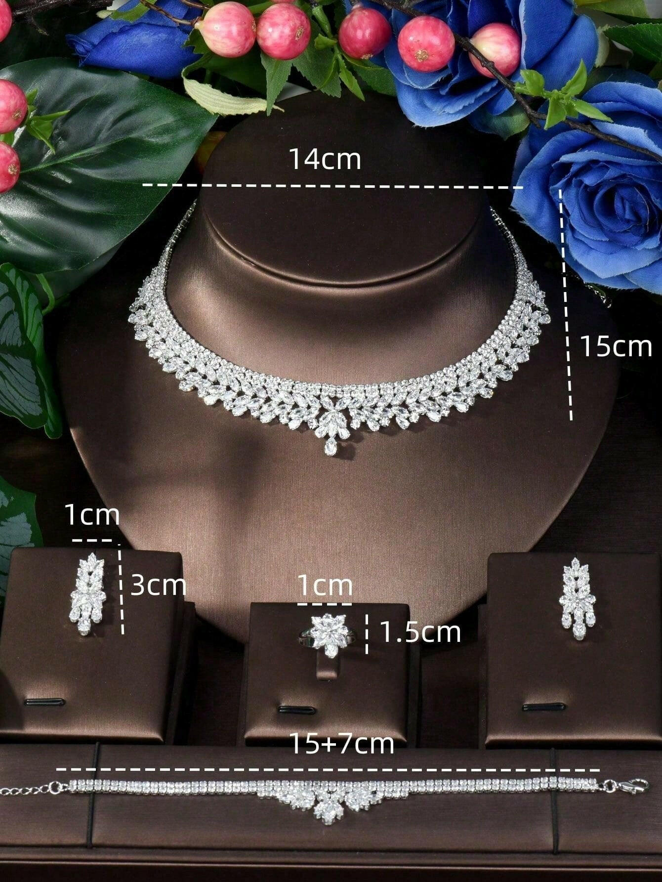 1 Set High Quality 4PCS Zirconia Women Bridal Wedding Jewelry Set Geometric Design Necklace And Earring Sets - Seen Mai