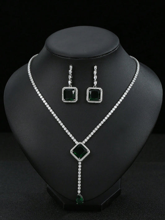 1set/3pcs Elegant Green Zirconia Necklace And Earrings Set