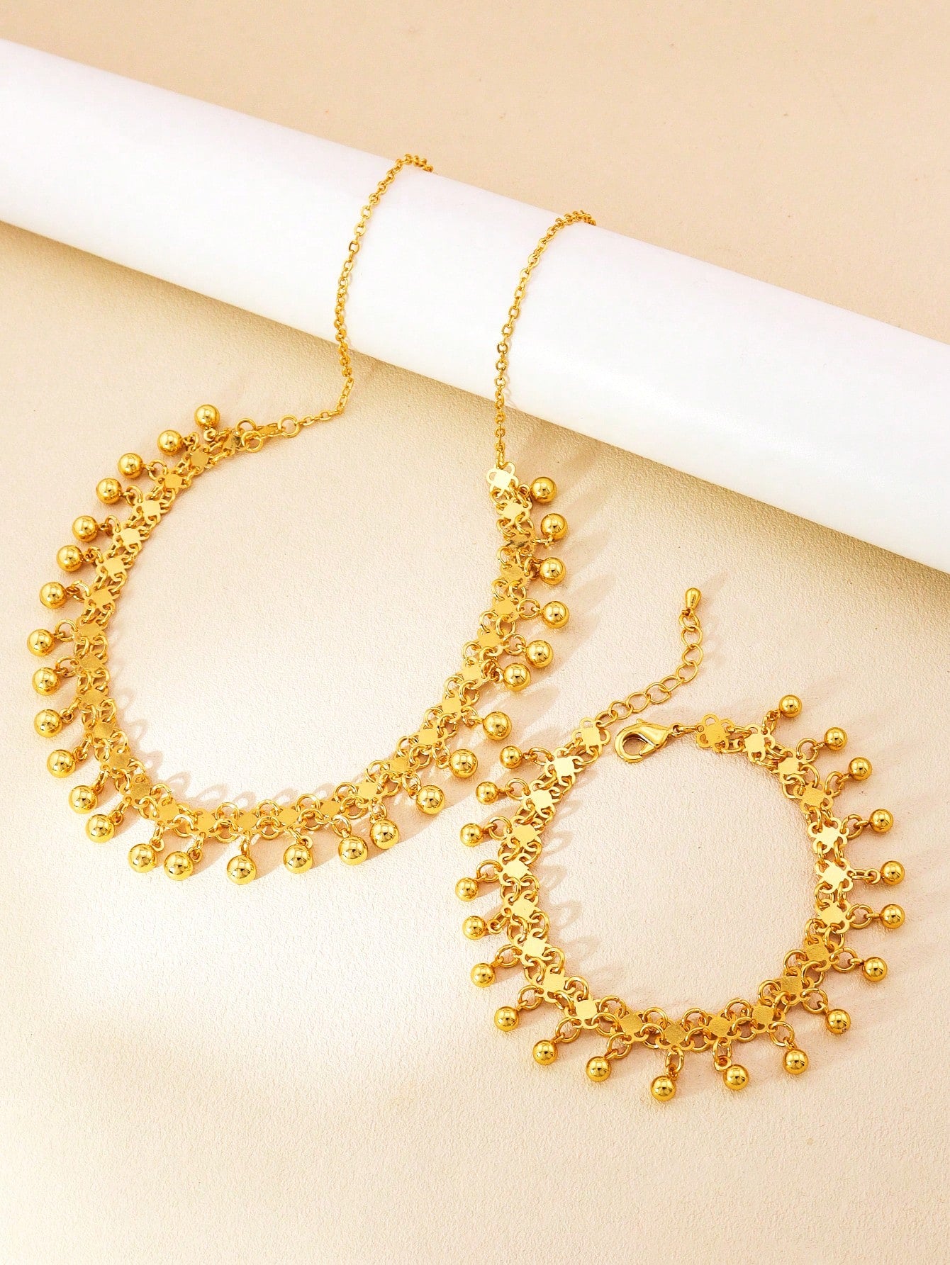 2pcs Fashion Round Ball Pendant Necklace And Bracelet Gold Jewelry Set Suitable For Women's Daily Wear - Seen Mai