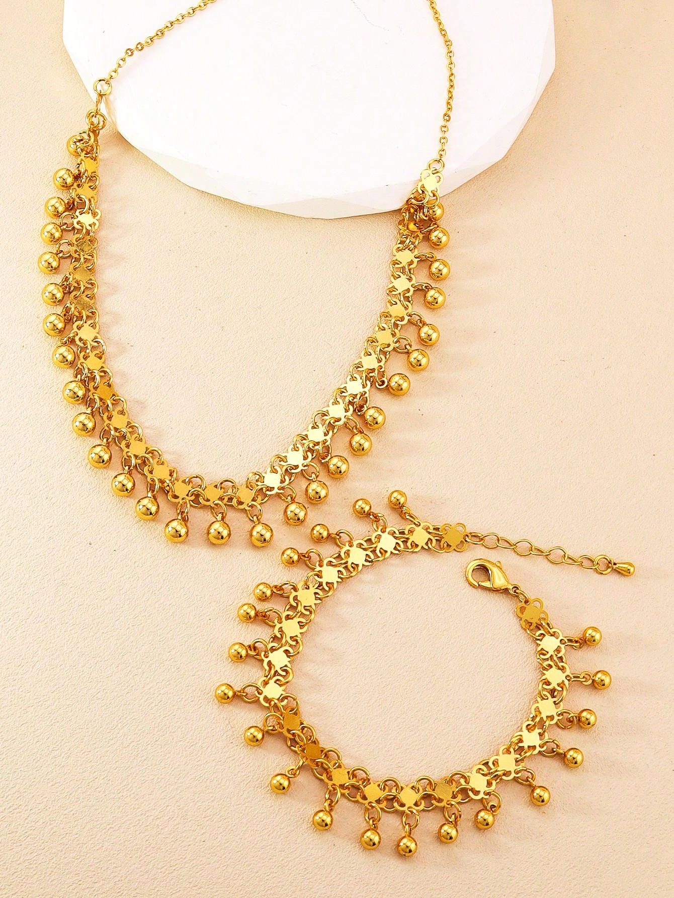 2pcs Fashion Round Ball Pendant Necklace And Bracelet Gold Jewelry Set Suitable For Women's Daily Wear - Seen Mai