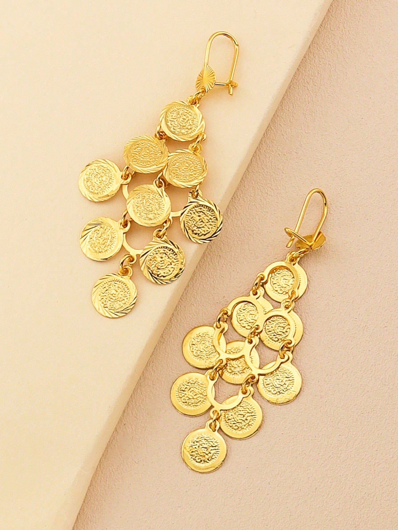 1pair Fashion Gold Coin Multi-Layer Earrings Round Piece Heart Fringe Earrings Suitable For Women Everyday Wear - Seen Mai