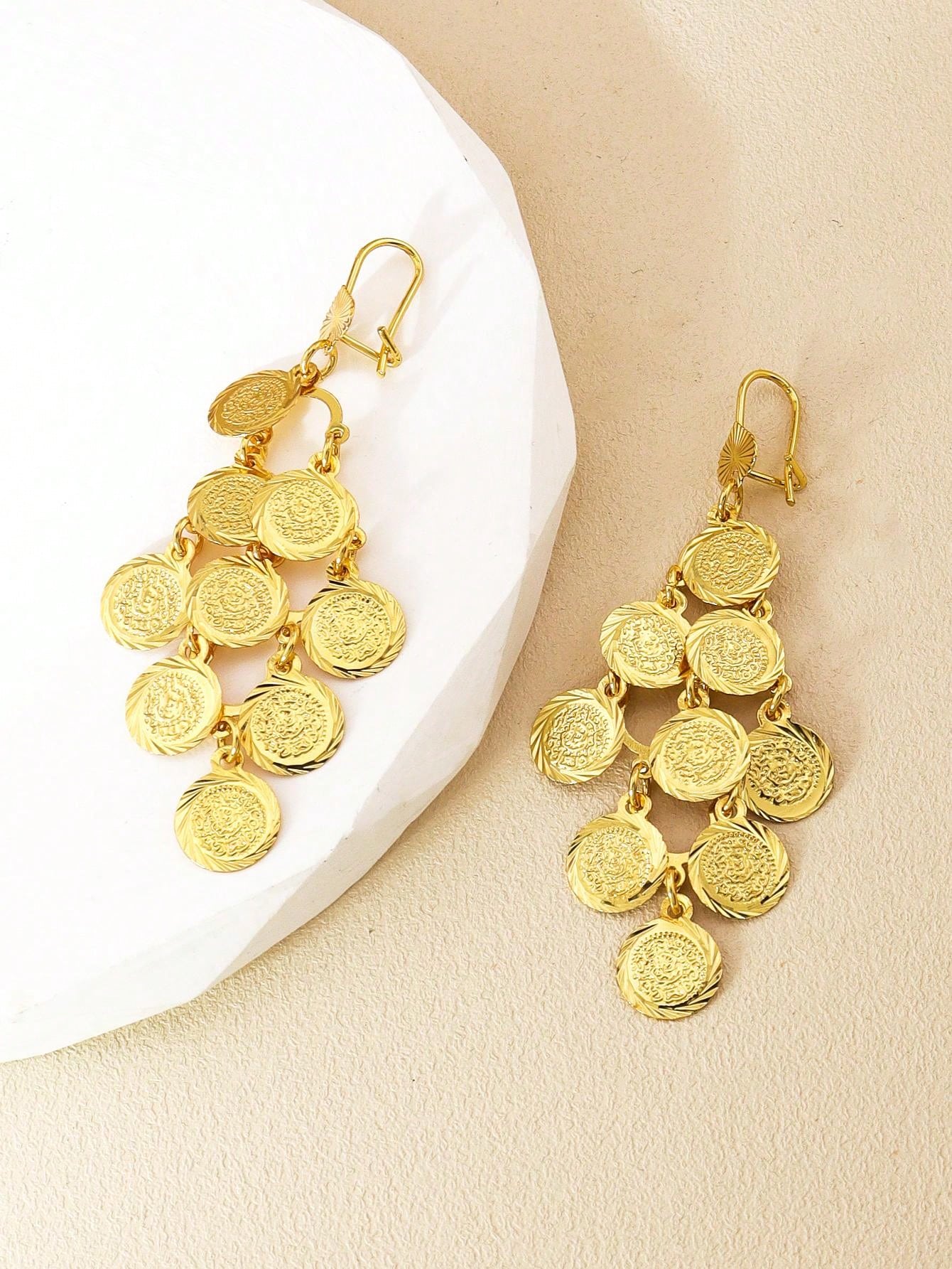 1pair Fashion Gold Coin Multi-Layer Earrings Round Piece Heart Fringe Earrings Suitable For Women Everyday Wear - Seen Mai