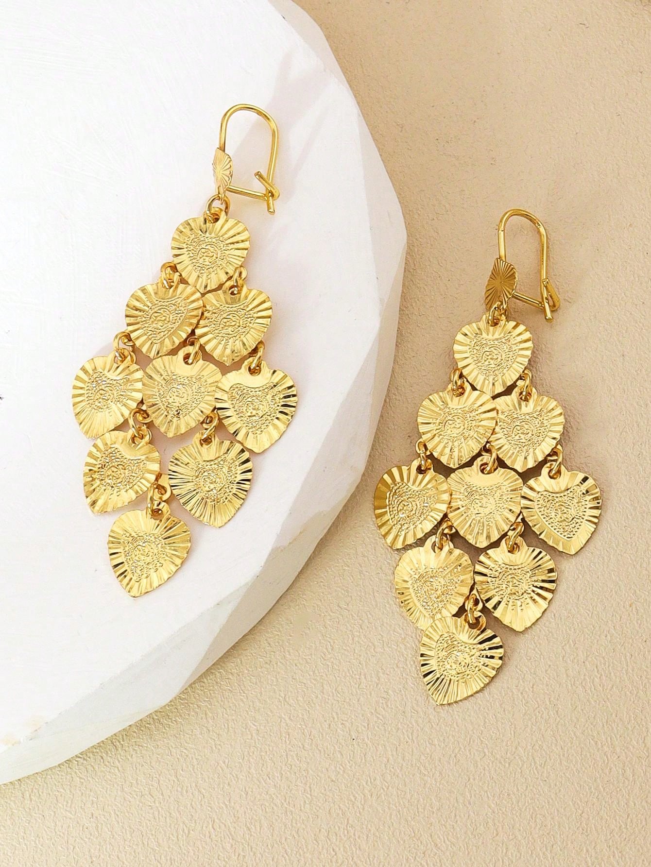 1pair Fashion Gold Coin Multi-Layer Earrings Round Piece Heart Fringe Earrings Suitable For Women Everyday Wear - Seen Mai