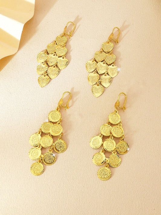 1pair Fashion Gold Coin Multi-Layer Earrings Round Piece Heart Fringe Earrings Suitable For Women Everyday Wear - Seen Mai