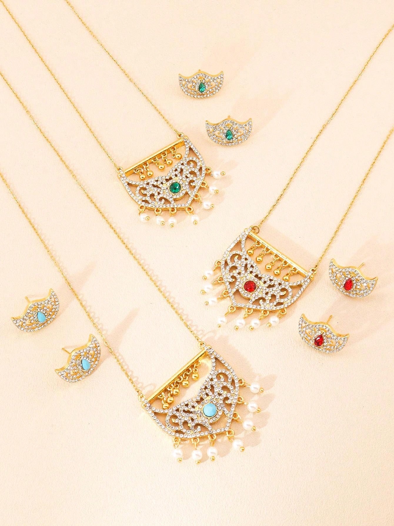 3pcs/Set Fashion Gold Necklace And Earrings  Pearl Rhinestones Paired With Jewelry Set Suitable For Women's Daily Festive Banquets - Seen Mai