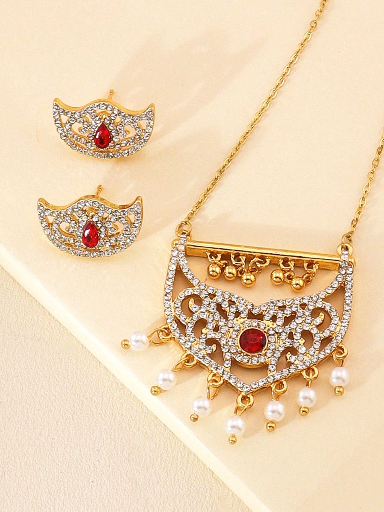 3pcs/Set Fashion Gold Necklace And Earrings  Pearl Rhinestones Paired With Jewelry Set Suitable For Women's Daily Festive Banquets - Seen Mai