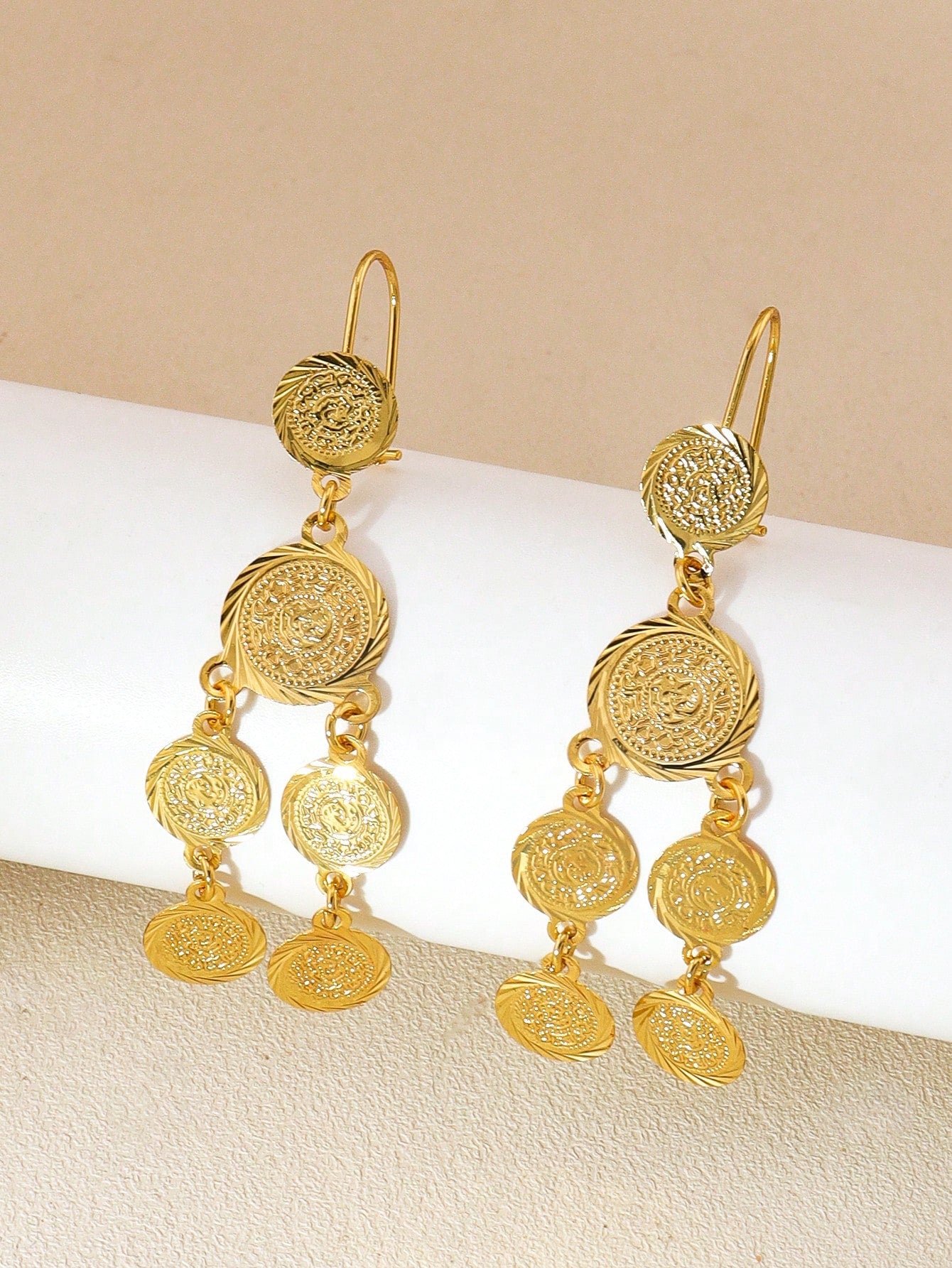 1pc Gold Antique Coin Tassel Earrings Round Grain Earrings Copper Jewelry Suitable For Women's Daily Party Banquets - Seen Mai