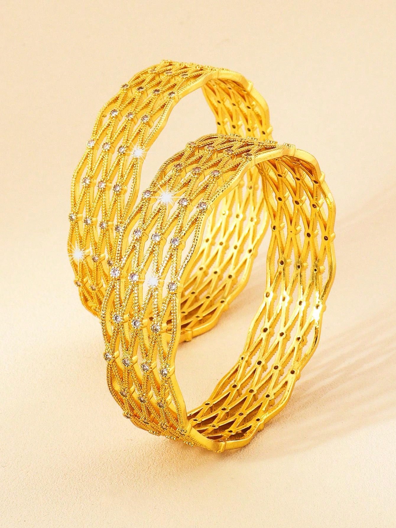 1pc Gorgeous Copper Gold Plated Wide Bracelet Cubic Zirconia Decorative Metal Texture Bracelet Suitable For Women's Daily Festival Wear - Seen Mai