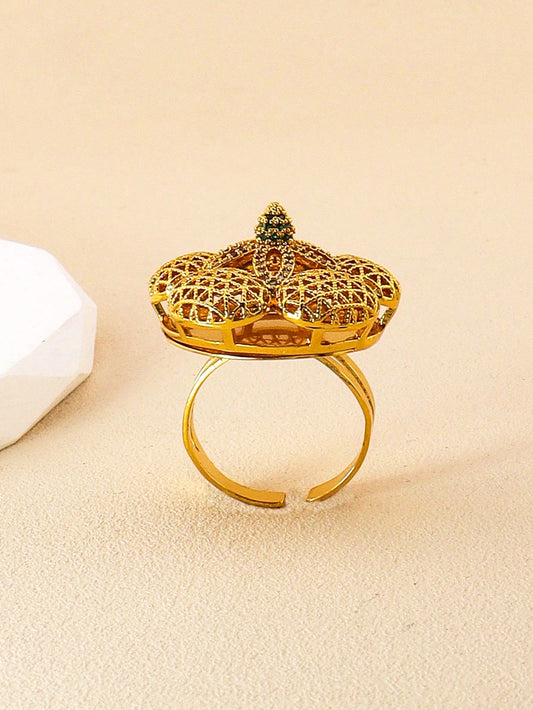 1pc Hollowed-Out Flower Ring Copper Gold-Plated Open Ring Colored Cubic Zirconia Inlaid Ring Suitable For Brides Wedding Banquet Gifts - Seen Mai