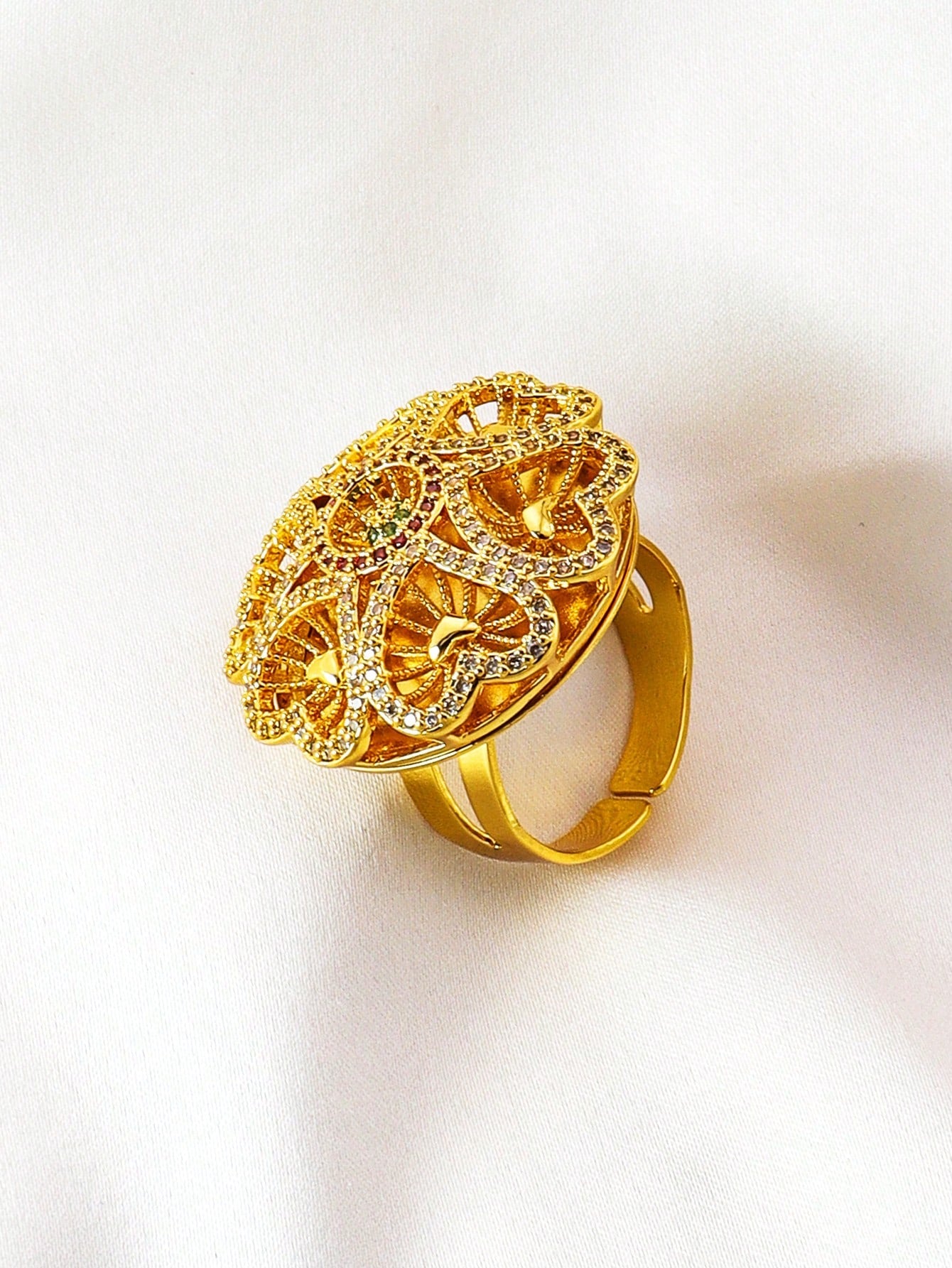 1pc Hollowed-Out Flower Ring Copper Gold-Plated Open Ring Colored Cubic Zirconia Inlaid Ring Suitable For Brides Wedding Banquet Gifts - Seen Mai