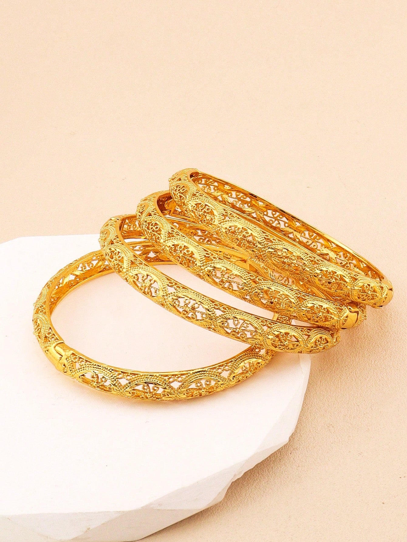 4pcs Luxury Cutout Gold Bangle Set Saudi Arabia Dubai Bracelet Wedding Bride Jewelry Banquet Festive Gift - Seen Mai