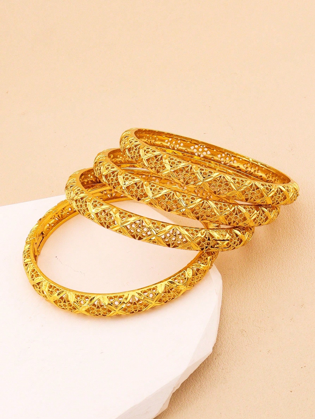 4pcs Luxury Cutout Gold Bangle Set Saudi Arabia Dubai Bracelet Wedding Bride Jewelry Banquet Festive Gift - Seen Mai