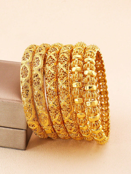 4pcs Luxury Cutout Gold Bangle Set Saudi Arabia Dubai Bracelet Wedding Bride Jewelry Banquet Festive Gift - Seen Mai