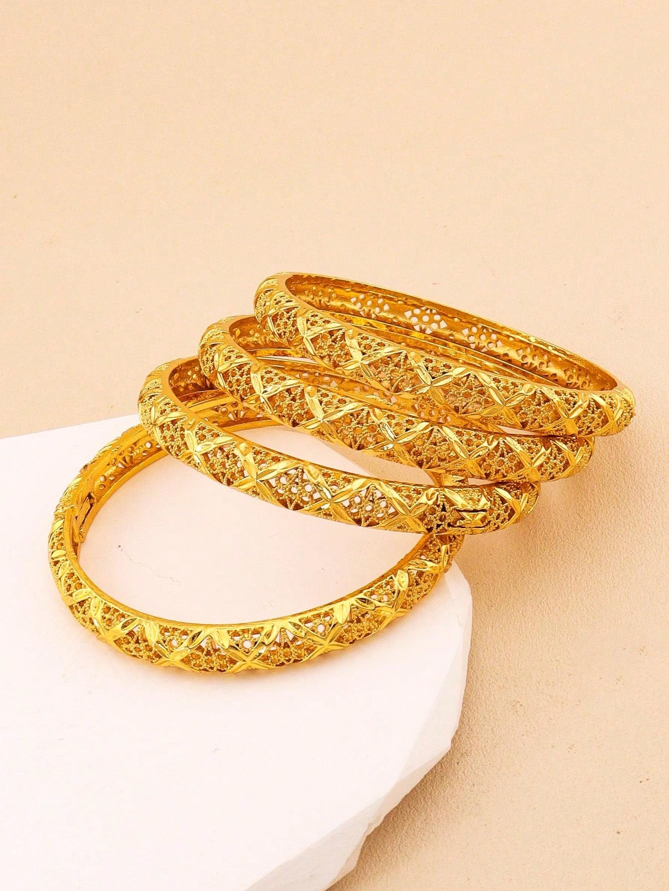 4pcs Luxury Cutout Gold Bangle Set Saudi Arabia Dubai Bracelet Wedding Bride Jewelry Banquet Festive Gift - Seen Mai