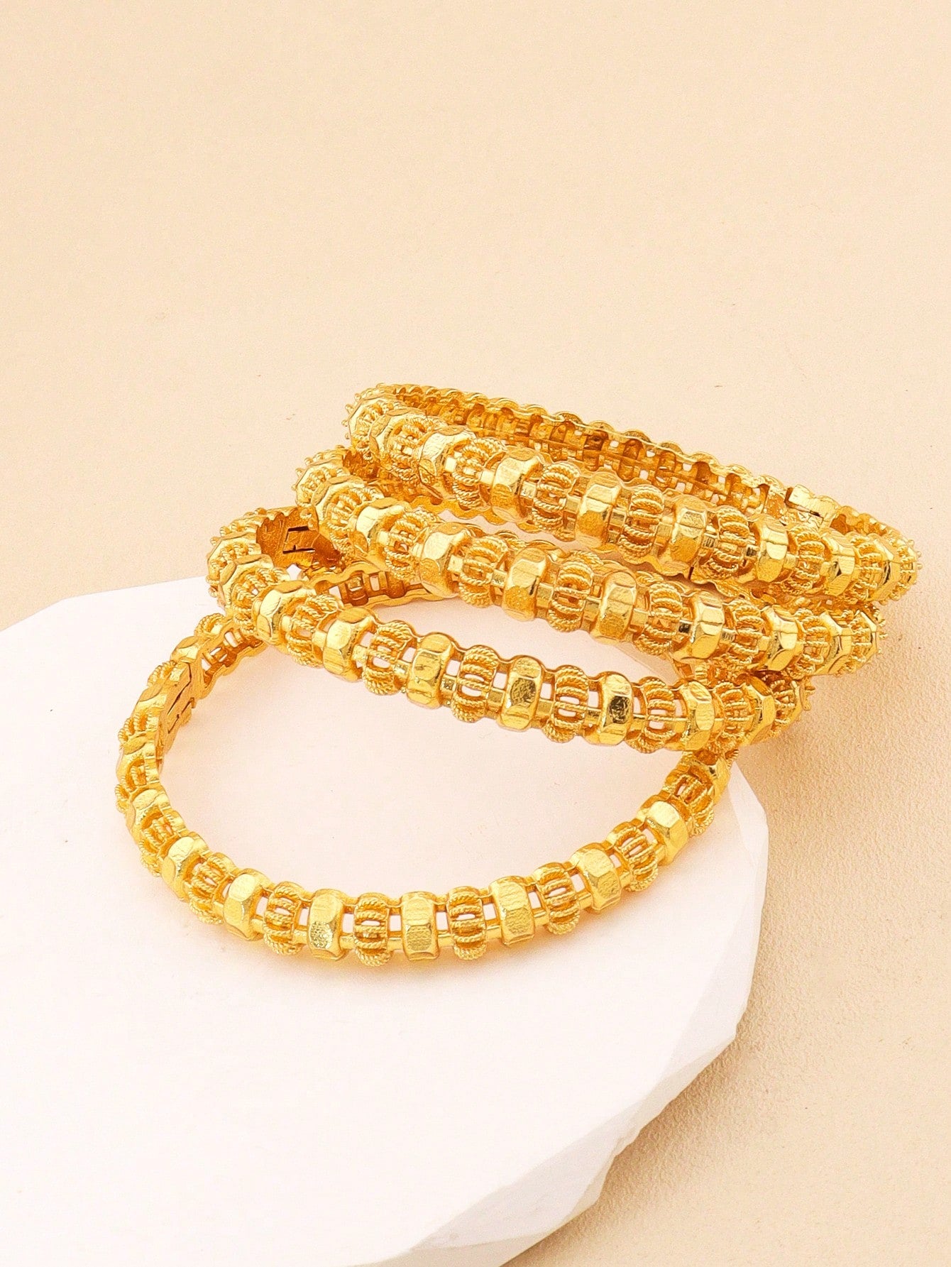 4pcs Luxury Cutout Gold Bangle Set Saudi Arabia Dubai Bracelet Wedding Bride Jewelry Banquet Festive Gift - Seen Mai