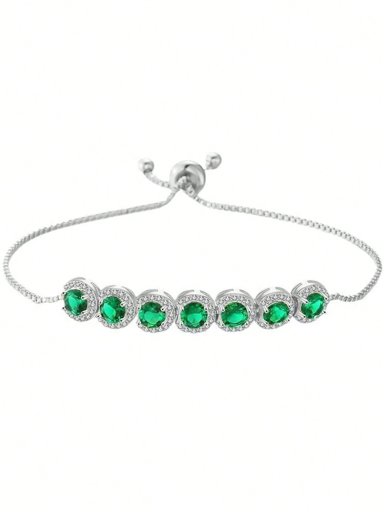 1pc 2024 New European And  Fashionable Minimalist Green Cubic Zirconia Adjustable Length Round Decorated Bracelet For Women