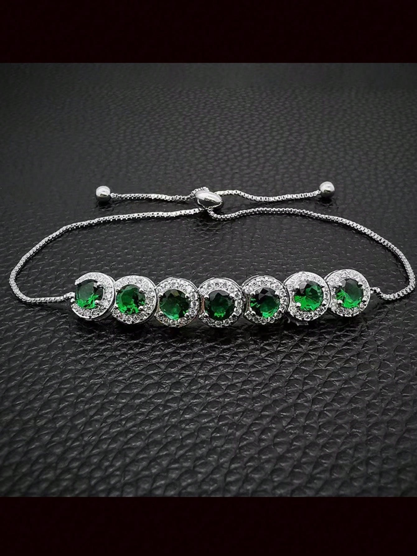 1pc 2024 New European And  Fashionable Minimalist Green Cubic Zirconia Adjustable Length Round Decorated Bracelet For Women