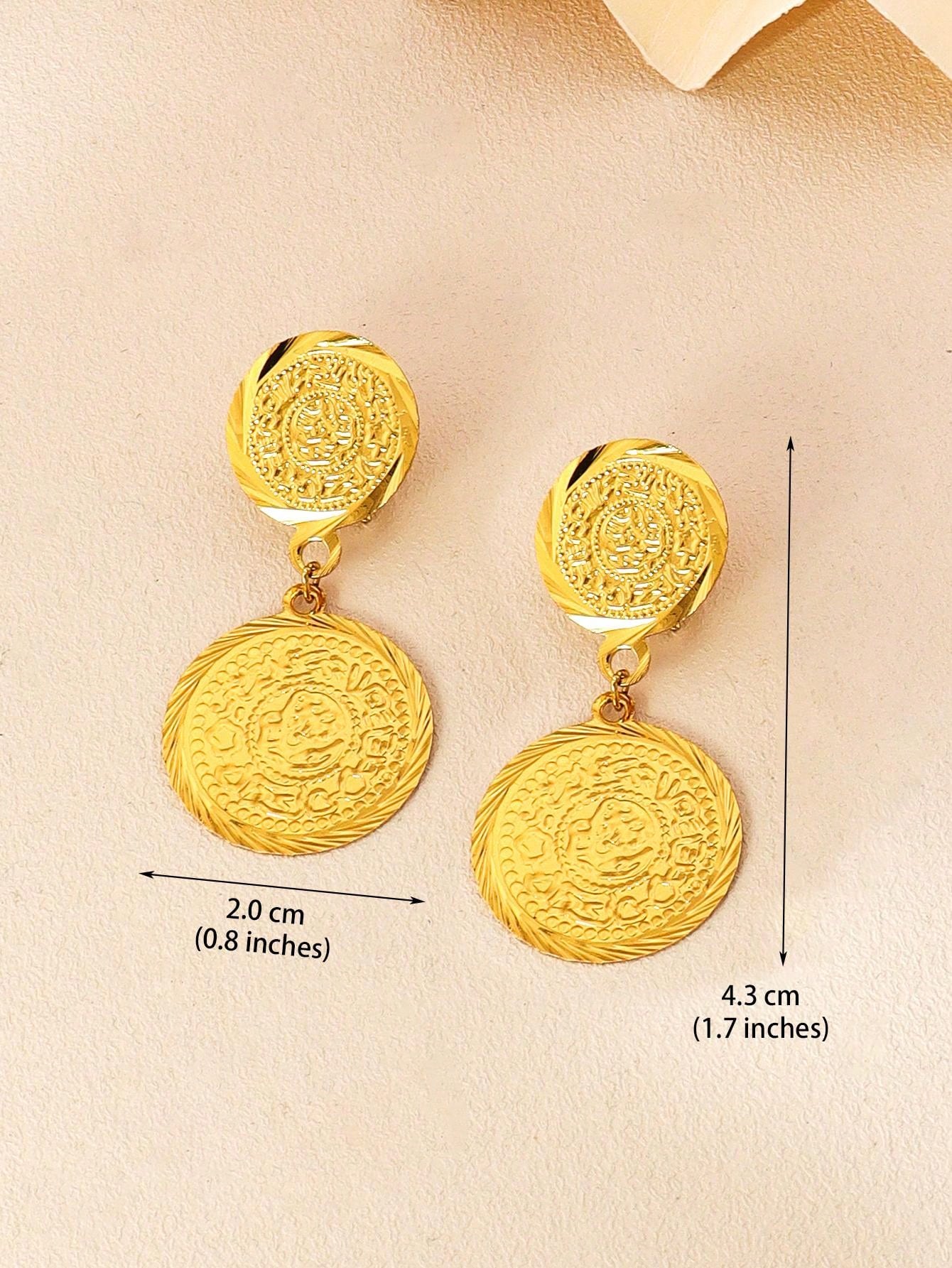 1pair Classic Copper Gold Plated Coin Earrings Round Grain Earrings For Ladies Everyday Wear - Seen Mai