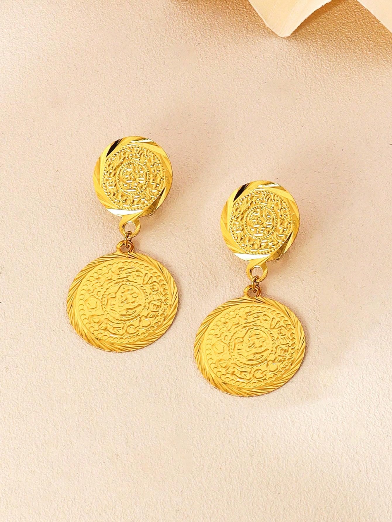 1pair Classic Copper Gold Plated Coin Earrings Round Grain Earrings For Ladies Everyday Wear - Seen Mai