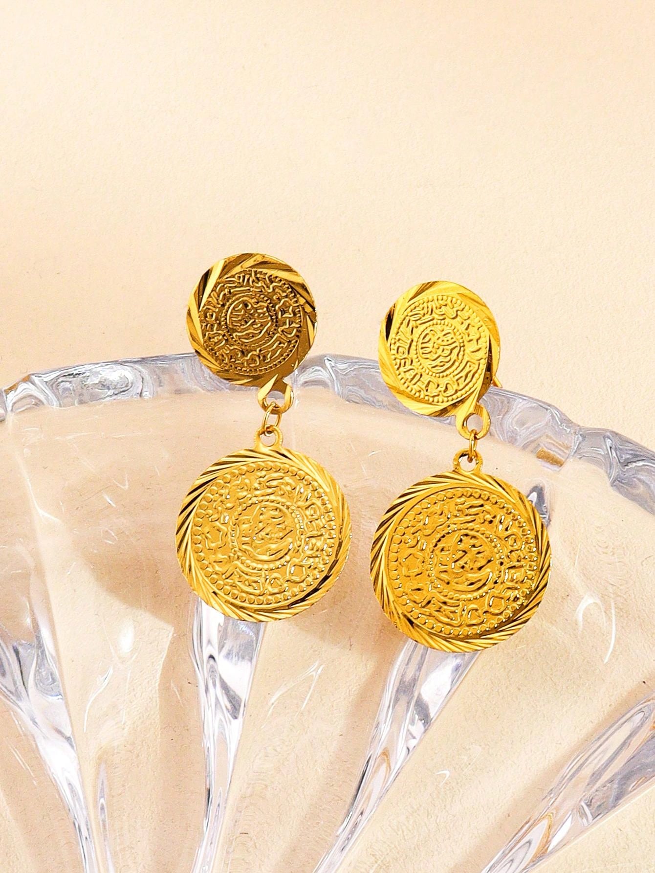 1pair Classic Copper Gold Plated Coin Earrings Round Grain Earrings For Ladies Everyday Wear - Seen Mai