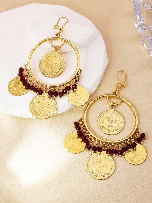 1pair Fashion Hoop Earrings Gold Coin Tassel Round Earrings Red Stone Tassel Earrings Suitable For Women's Daily Festivals Weddings And Parties - Seen Mai