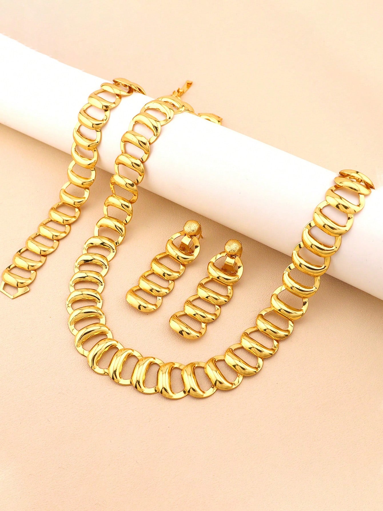 4pcs Gold Jewelry Men's And Women's Sets Metal Chain Design Earrings Necklace Hip Hop Punk Style Suitable For Women Daily Party Wear - Seen Mai