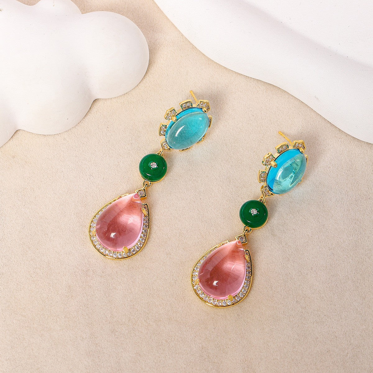 New fashion earrings, oval teardrop-shaped full diamond color matching earrings, summer sweet and fresh long temperament earrings